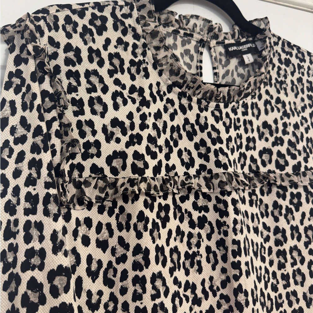 Karl Lagerfeld Black, Gray and White Leopard Print Blouse - Picture 2 of 6